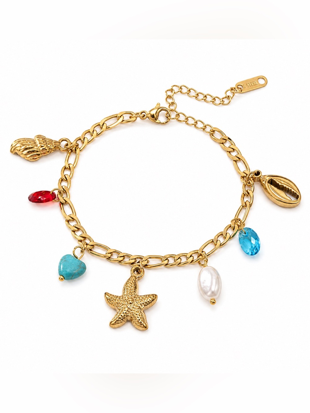18K Gold Plated Starfish Charm Bracelet Shell Pearl Coastal Beach Adjustable NEW